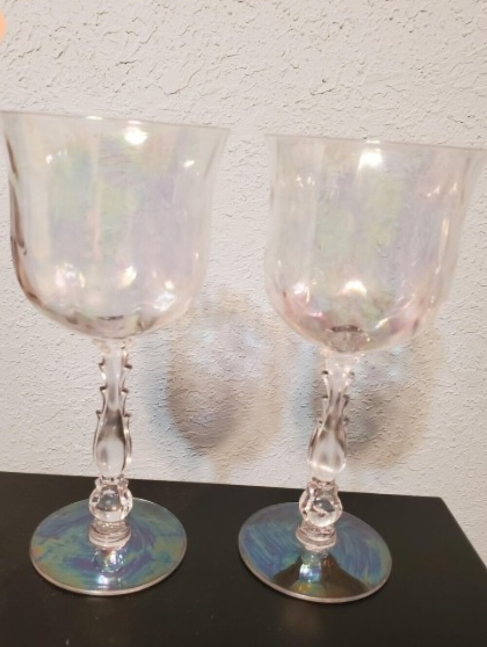 Vintage Fostoria Coral Pearl Iridescent Wine Glasses Set of 2 Mother of Pearl